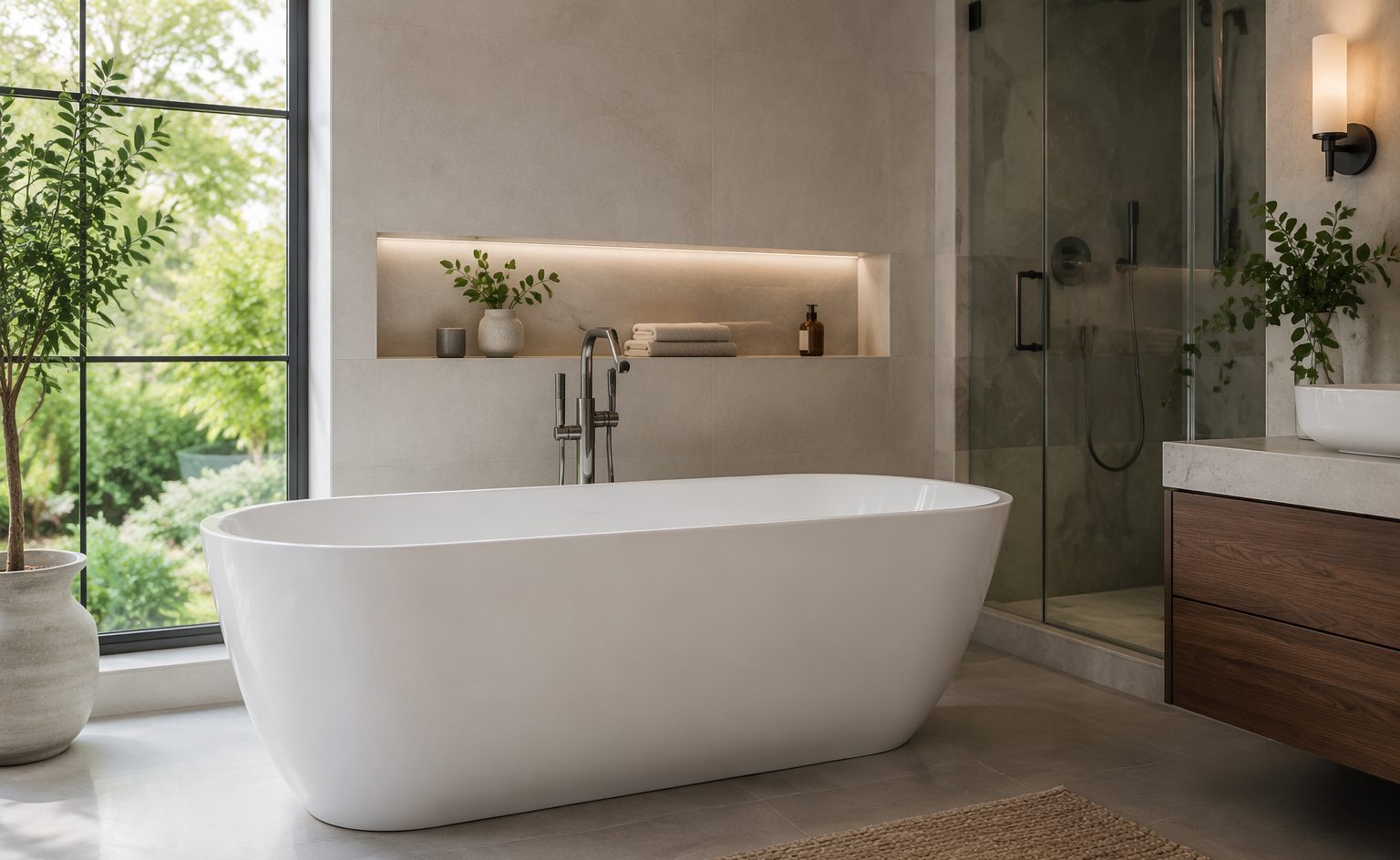 Glossy acrylic bathtub in a contemporary bathroom