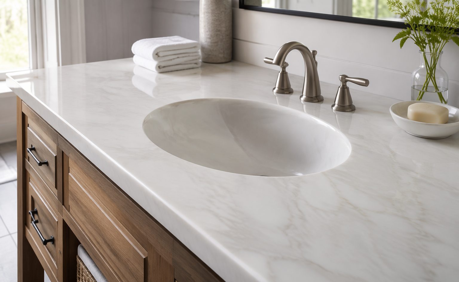 Cultured marble bathroom vanity top with integrated bowl