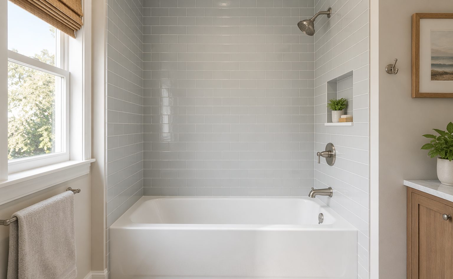 Alcove bathtub with full tile surround