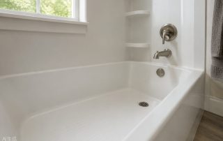Close view of fiberglass tub floor and wall