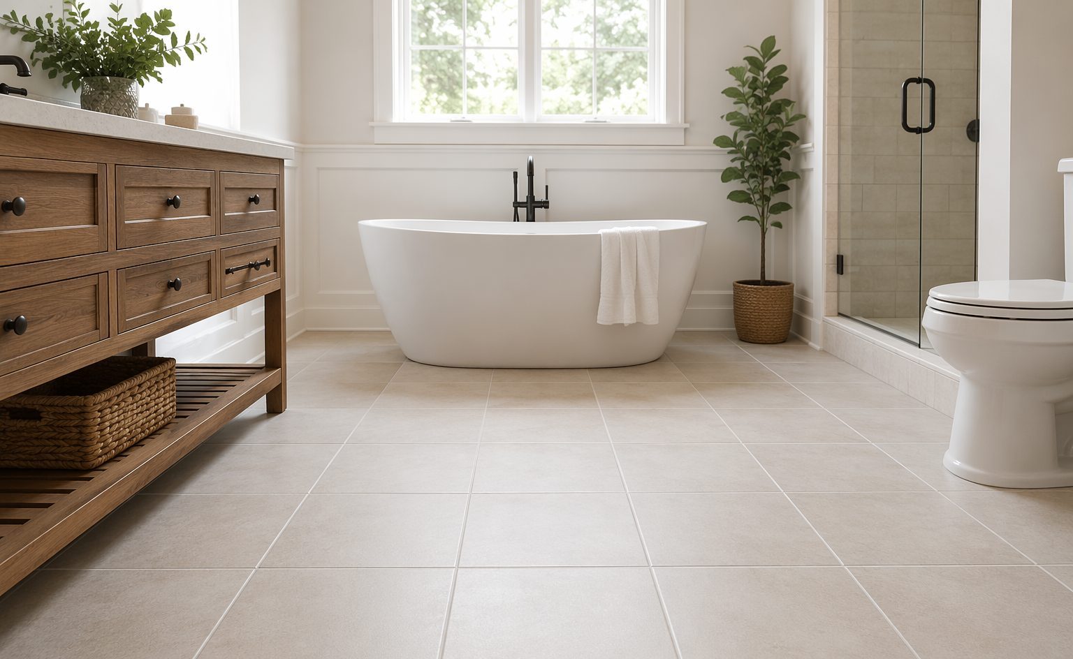 Clean refinished ceramic tile bathroom floor
