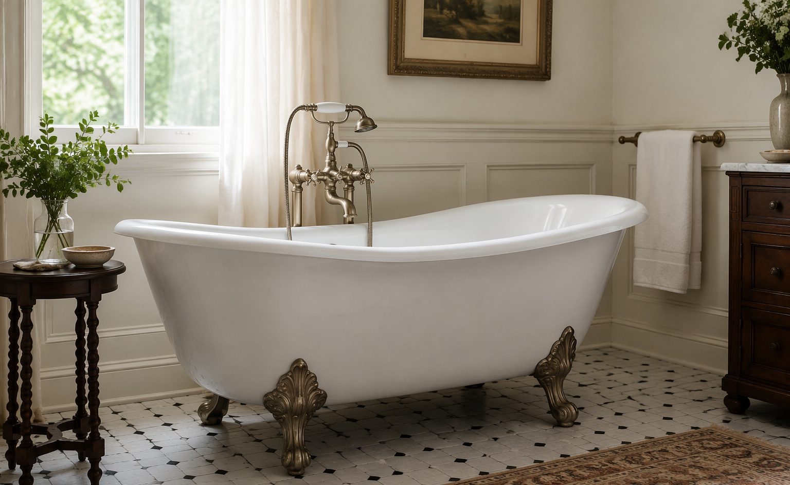 Vintage freestanding clawfoot tub in a classic bathroom