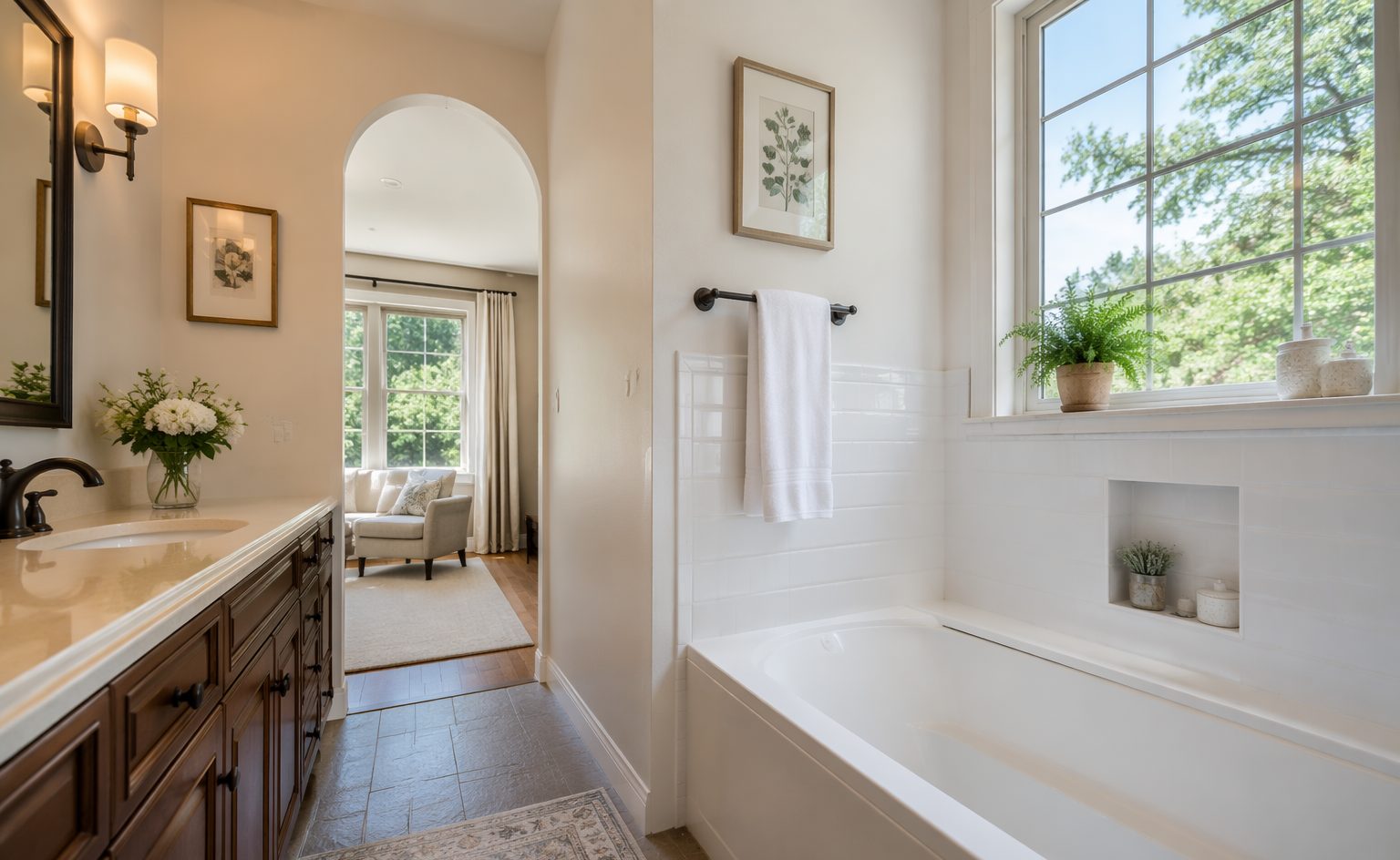 Comfortable senior-friendly bathroom with renewed surfaces, warm and residential