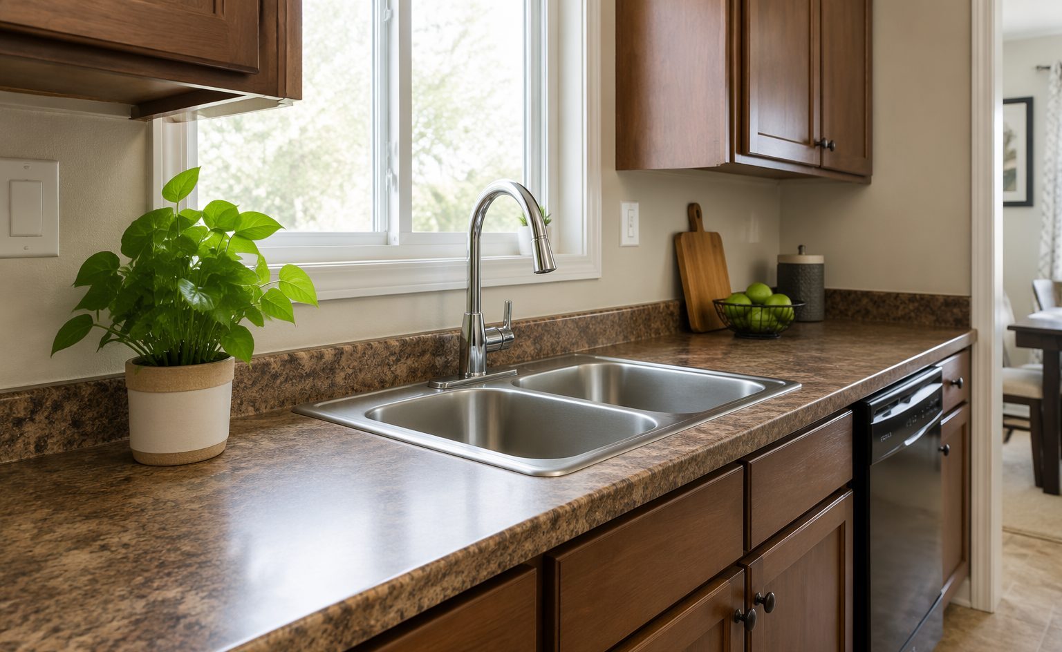 Laminate kitchen countertop in a modest kitchen