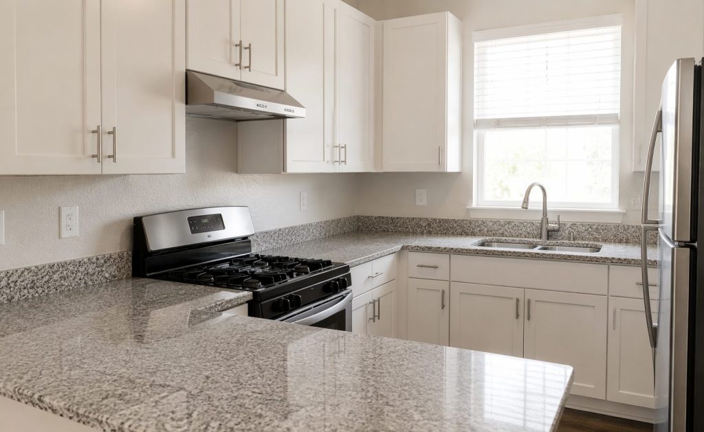 countertop-refinishing-rentals-apartments-los-angeles One-piece cultured marble vanity top renewed in place in a Los Angeles bathroom