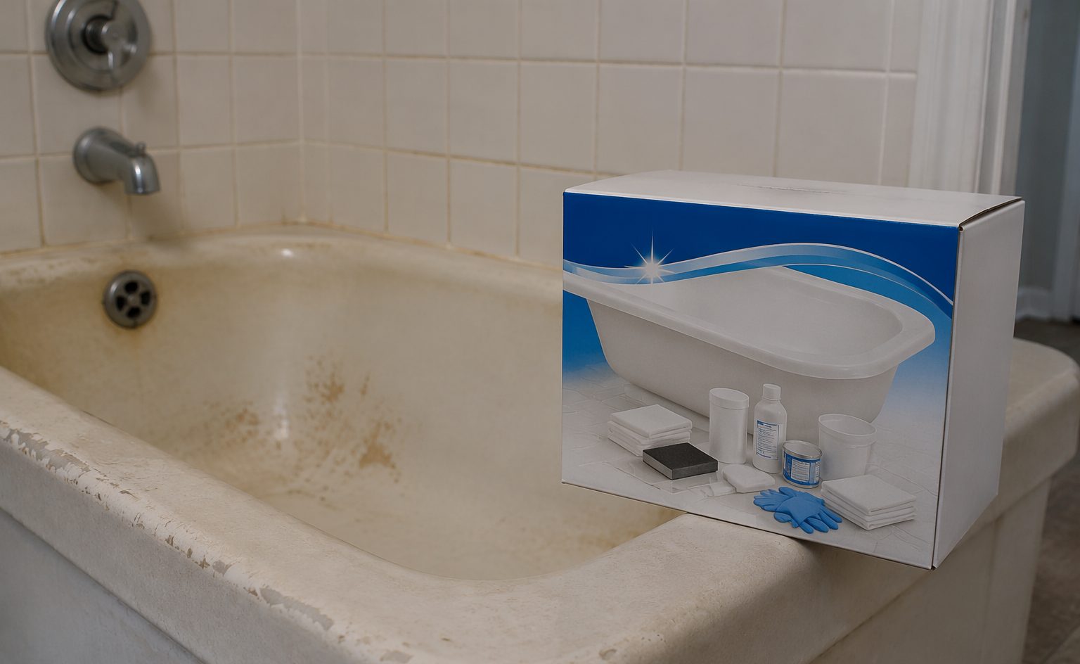 DIY bathtub reglazing kit box beside a worn bathtub