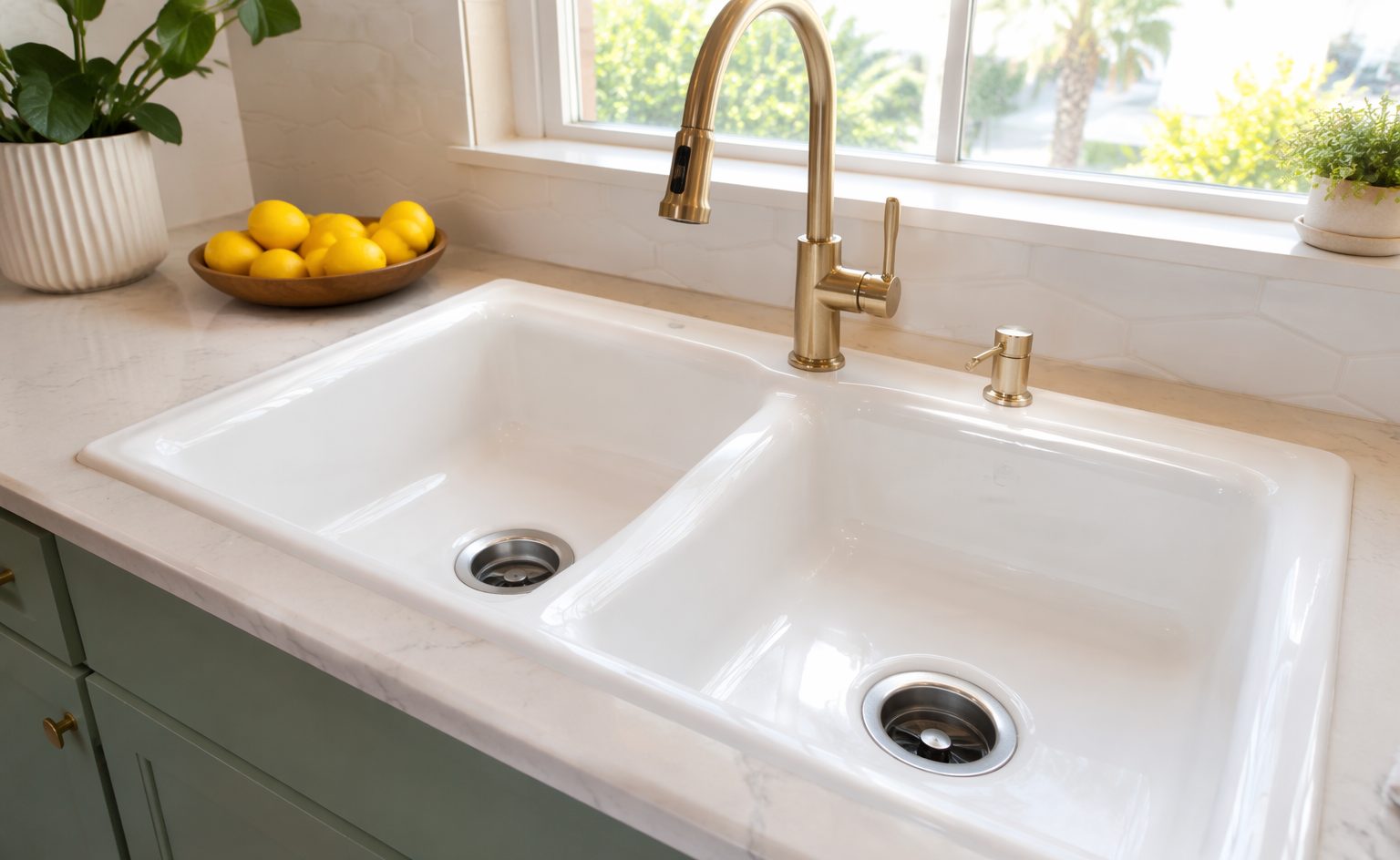 Gleaming reglazed kitchen sink with a renewed finish in good light