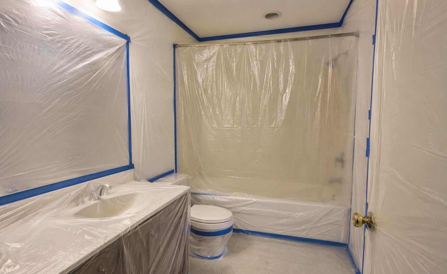 A masked and protected bathroom prepared for refinishing work