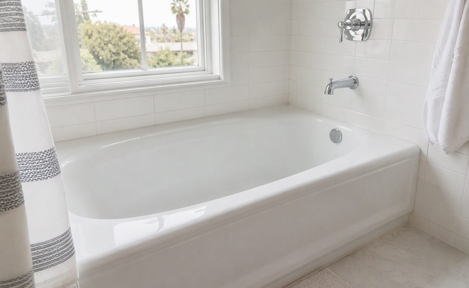 Glossy reglazed bathtub finish still holding years into service in a Los Angeles bathroom