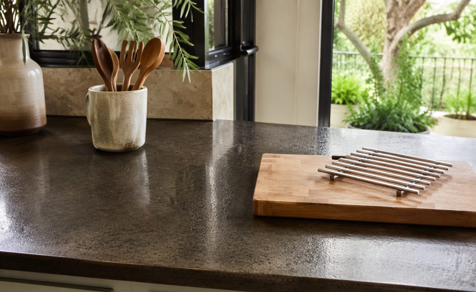how-long-does-refinished-countertop-last-featured Technician building a new countertop finish in even controlled coats