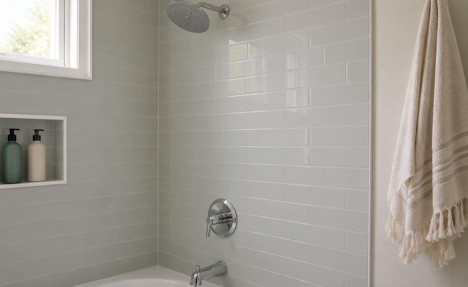 A renewed tile surround years into service, still clean and glossy in a Los Angeles bathroom