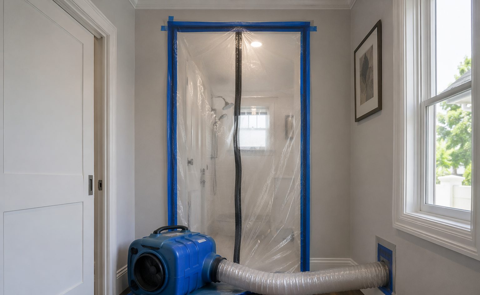 Bathroom doorway sealed and ventilated for refinishing work in a Los Angeles home