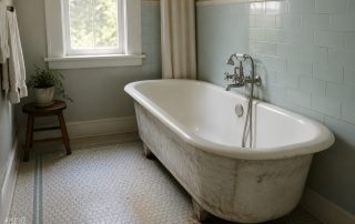 Older bathtub with visible surface wear and staining