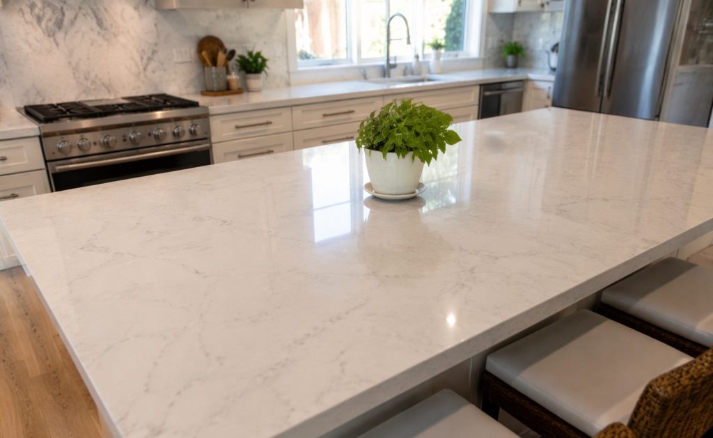 Burn marks and knife tracks on a worn Los Angeles kitchen countertop before refinishing