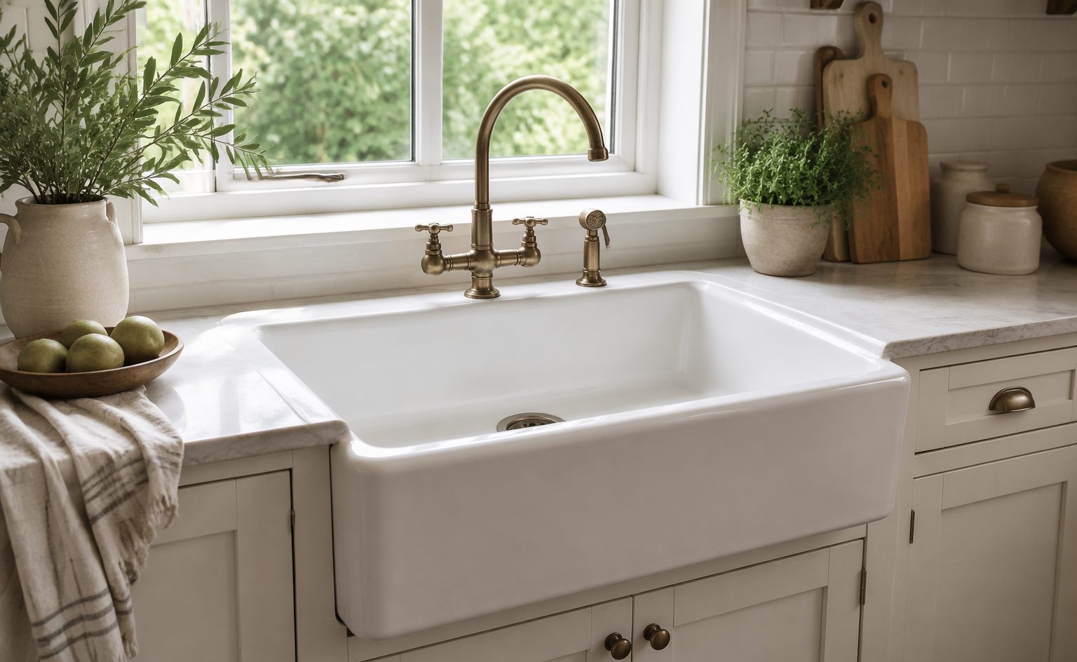 White enameled cast iron kitchen sink