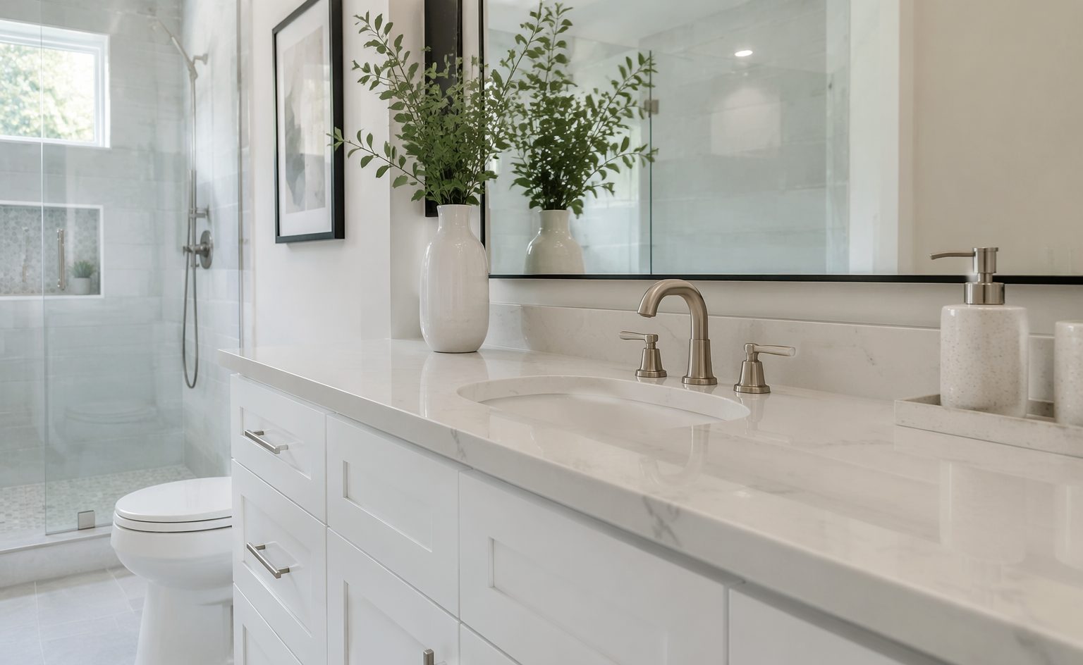 Renewed bathroom vanity sink in a clean modern bathroom