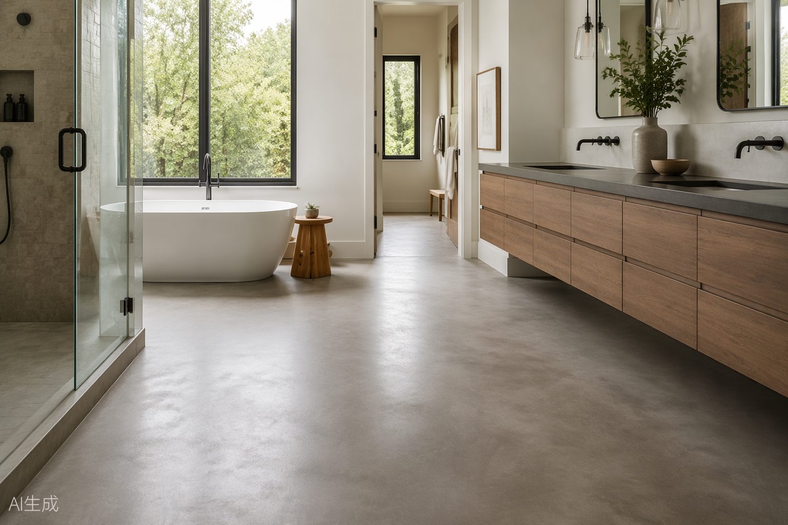Smooth concrete-look floor in a modern bathroom