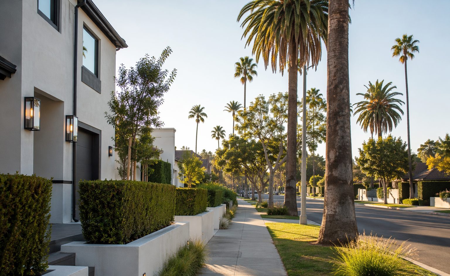Los Angeles residential streetscape with palm trees