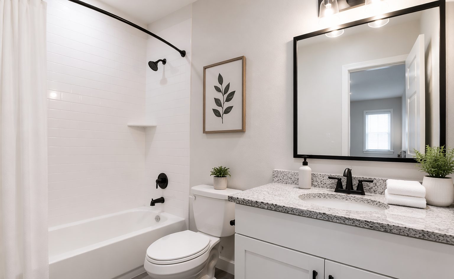 A bright renewed apartment bathroom staged for showing, turnover ready